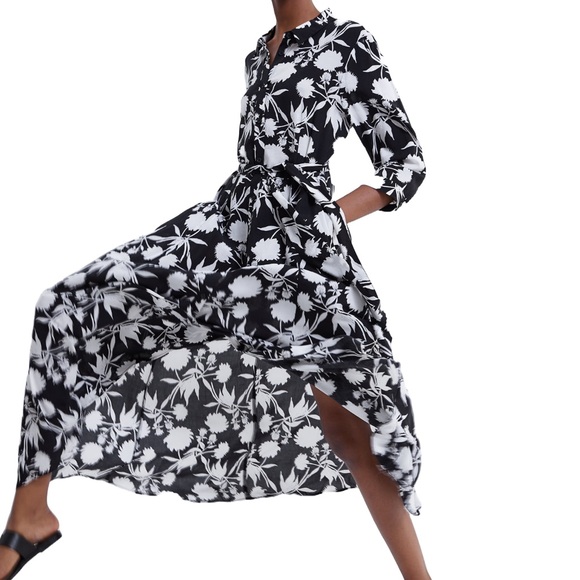 ZARA Black & White Floral Maxi Shirt Dress – Size S - Picture 1 of 9